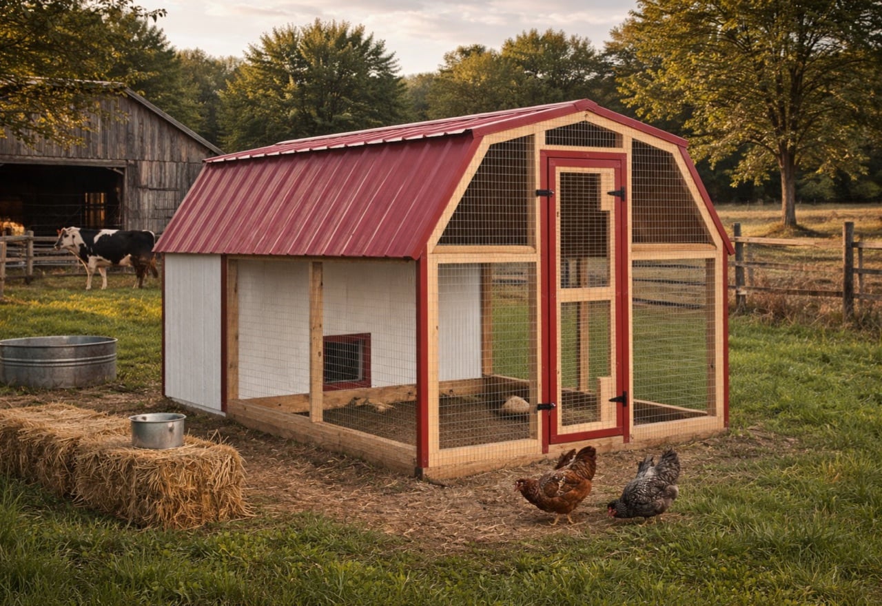 Chicken coop with red metal roof and wire run