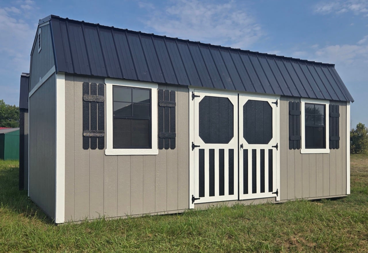 10x20 side lofted barn with white double doors and black shutters